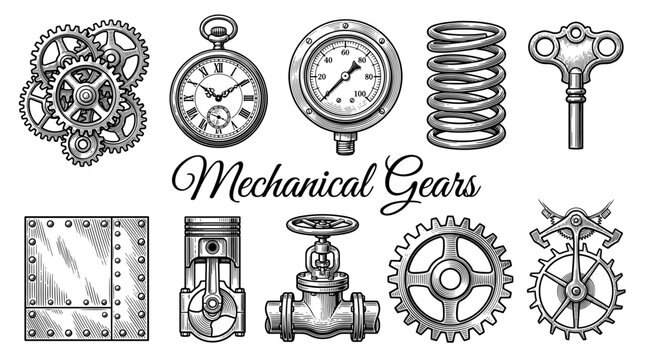 Set of Vintage Mechanical Engineering Components and Steampunk Elements in Engraving Style with Gears, Pocket Watch, and Pressure Gauge
