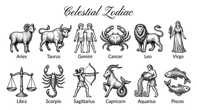 Set of 12 Hand-Drawn Vintage Engraving Style Celestial Zodiac Signs. Vector Illustration of Astrological Horoscope Symbols Including Aries, Taurus, Gemini, Leo, Scorpio, and More.