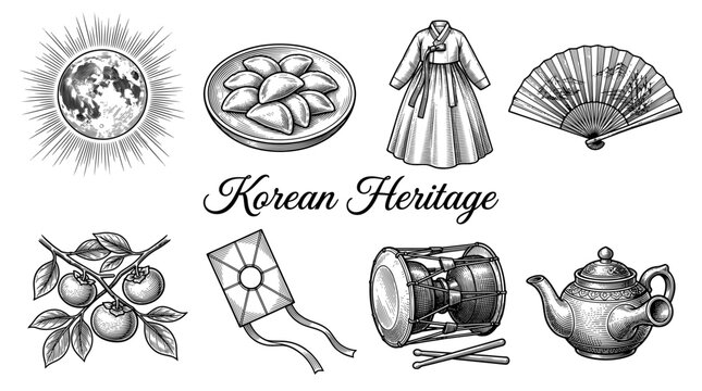 Korean Heritage Cultural Icons Set in Engraving Style, Featuring Hanbok, Janggu Drum, Songpyeon Rice Cakes, Full Moon, Persimmons, and Traditional Teapot Vector Illustration