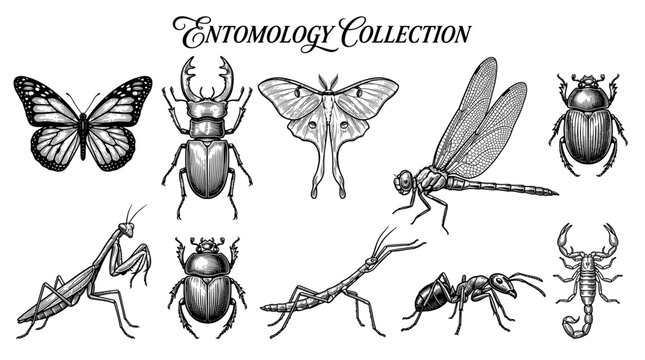 Vintage entomology collection of hand-drawn insect illustrations including butterfly, stag beetle, dragonfly, moth, praying mantis, ant, scorpion, and stick insect in engraving style.