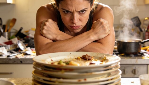 Woman with crossed arms frowning at a stack of dirty dishes in a cluttered kitchen, pots and utensils scattered around, indicating a need for cleanup and organization