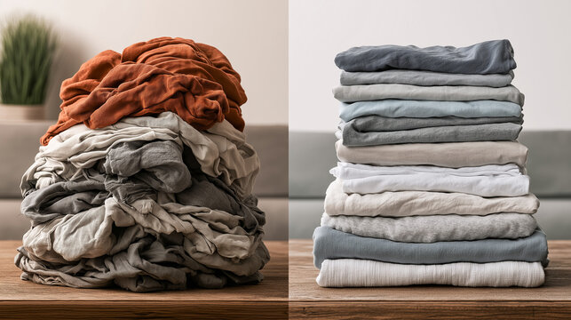 This clear side-by-side comparison beautifully illustrates the transformation of a messy pile of laundry into a neatly organized and perfectly folded stack of clean linens.