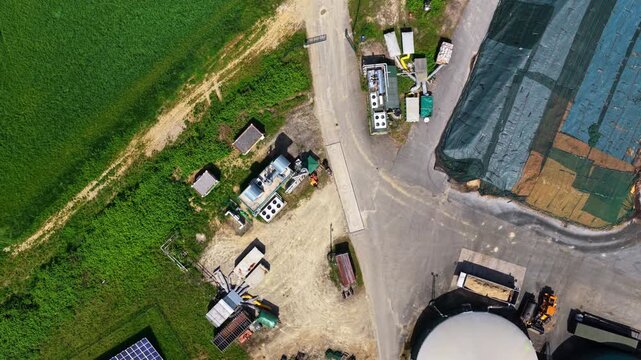 Aerial Biogas Plant Green Domes Solar Panels Rural Landscape