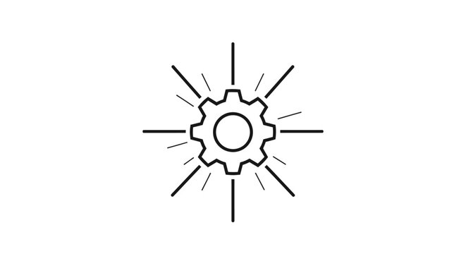 Gear wheel icon with radiating light or power lines.
