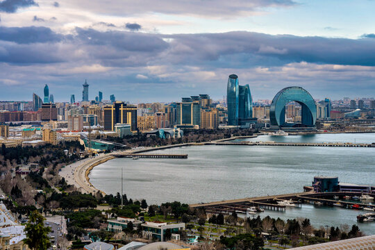 Baku Skyline and Caspian Sea Aerial Panorama