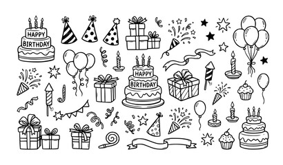 Hand drawn birthday doodle vector bundle with cake presents and party icons © MdRabbi