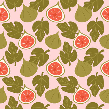 cute hand drawn trendy seamless repeat vector pattern illustration with green figs and leaves on pink background