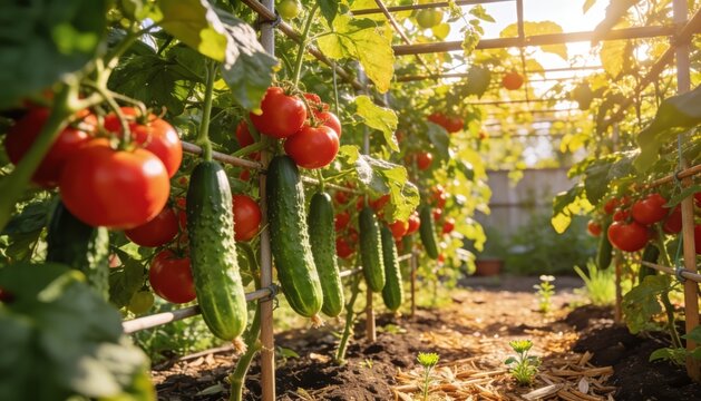 Senior woman tending to vibrant tomato and cucumber plants in a well-maintained garden, sunlight filtering through the leaves creating a warm atmosphere