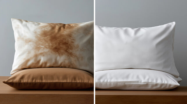 Two pillows are artfully stacked on a wooden surface, one visibly soiled with prominent brown and yellow stains, contrasting sharply with the top pillow, which is perfectly clean and brilliant white.