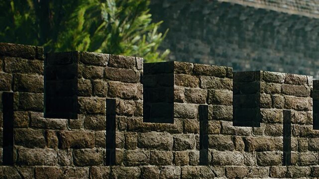 Stones form a sturdy wall of a historic castle. Green trees grow nearby, providing a contrast to the gray stones. The structure shows signs of age and history.