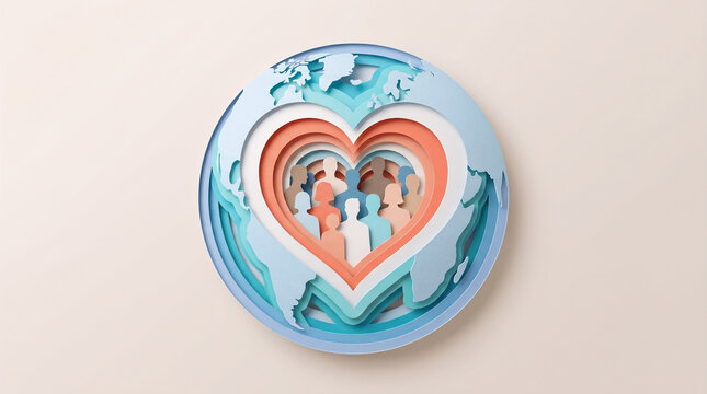 World Population Day Concept - Diverse People Silhouettes Inside Heart and Globe Paper Cut Style
