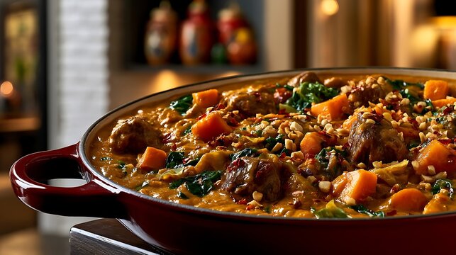 Maf&eacute; (Ivorian peanut stew) in a deep red cast iron pot, with thick and creamy peanut sauce of shiny golden-brown color