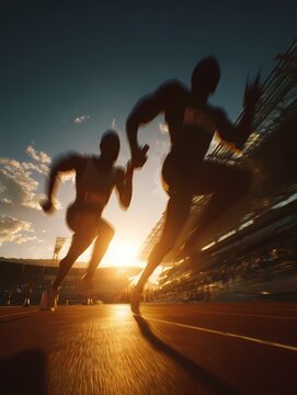 Silhouettes of Runners Exchanging Baton at Sunset with Dramatic Backlight