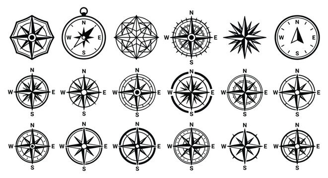 Collection of various black compass symbols and navigation icons