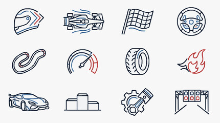 Naklejka premium Modern Icons of High Performance Motorsport and Racing Technology Essentials with high professional line art symbols for modern creative design and digital branding projects