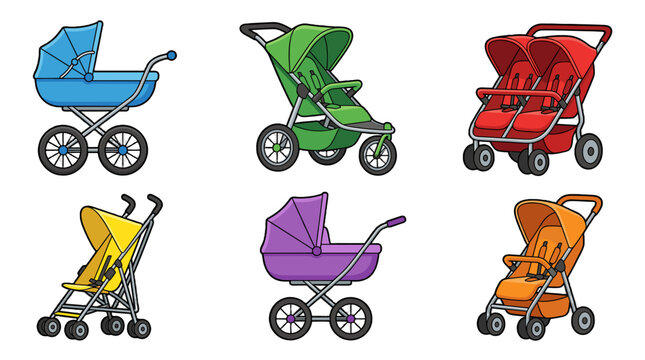 Set of colorful baby strollers and prams in cartoon vector style