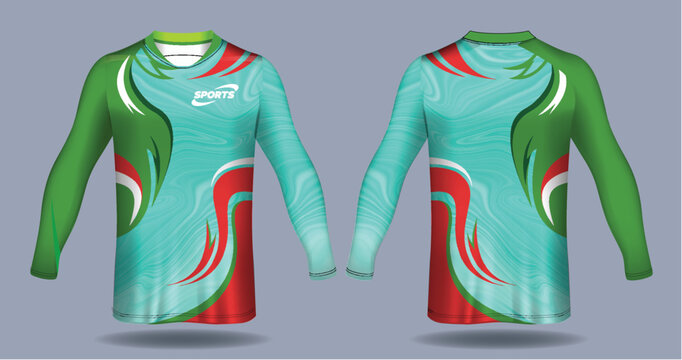 Green and red sports jersey with white accents on blue background