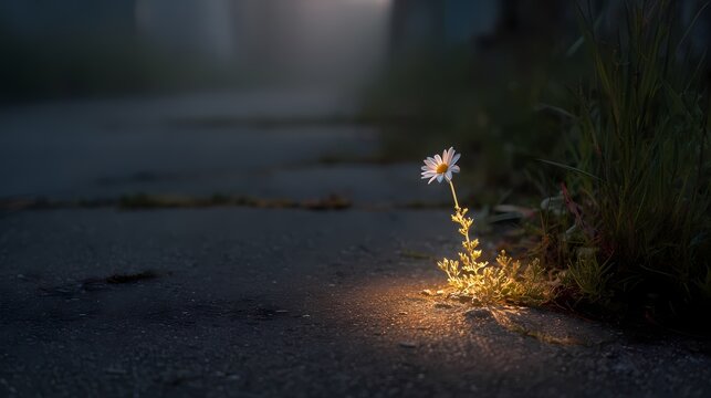Glowing surreal flower with light on dark forest path at dusk