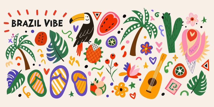 Tropical Fruits Toucan And Palm Leaves Vector Illustration With A Beige Background