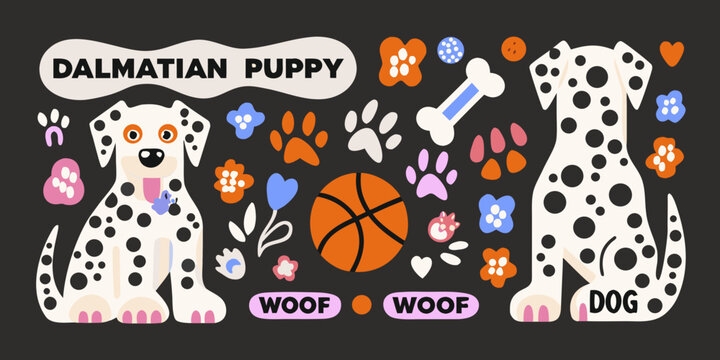 Dalmatian Puppy Illustration Set With Toys And Paw Prints
