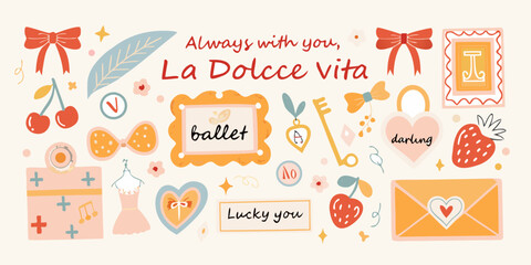 Floral ornament collection with ballet and strawberry illustrations vector style © Bipul