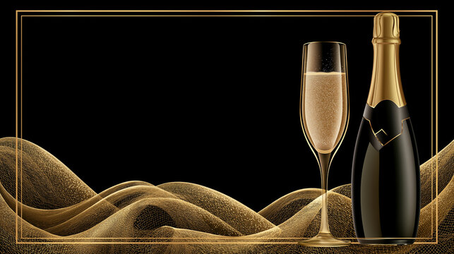 A luxurious champagne bottle and a bubbling flute stand elegantly against a sophisticated black background with flowing golden wave patterns and a delicate frame suggesting celebration.