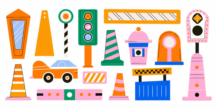 Traffic Signage And Road Construction Elements Colorful Vector Illustration