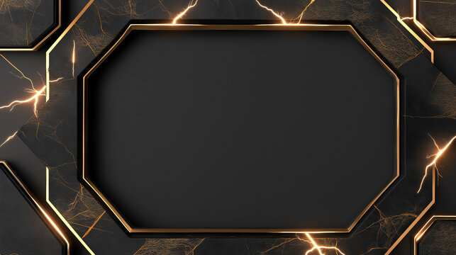 A luxurious dark background features a central octagonal panel surrounded by black marble with striking golden lightning crack patterns and elegant metallic borders perfect for modern design.