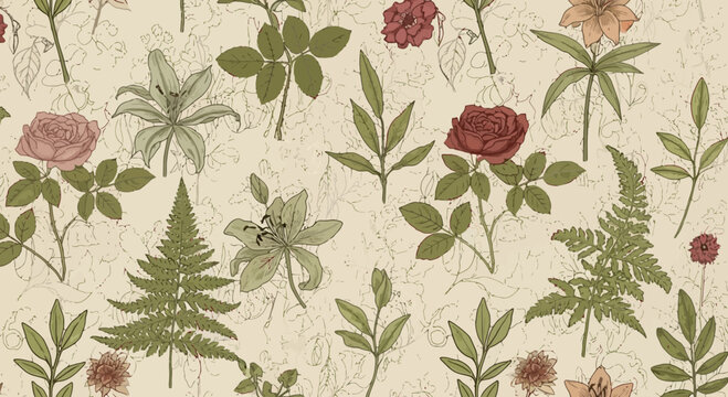 Floral pattern design with lilies roses and foliage illustration art