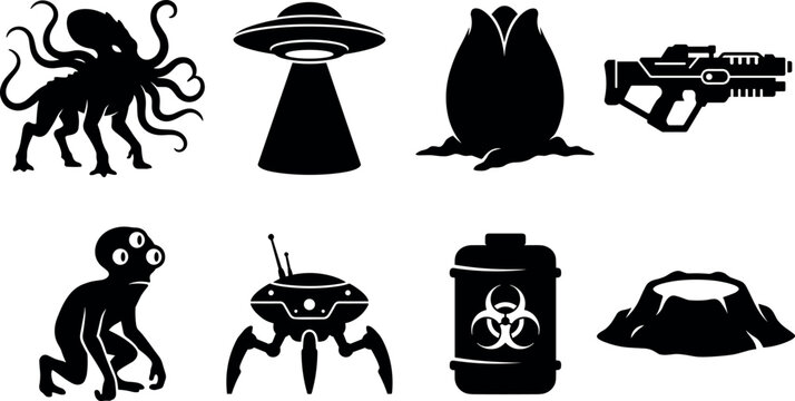 Sci-fi alien invasion and futuristic space exploration solid black vector icon set in image_d5f9a3.pngSci-fi alien invasion and futuristic space exploration solid black vector icon set in image_d5f9a3