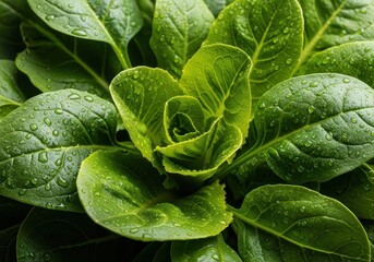 Obraz premium Macro view of vibrant, freshly harvested mixed lettuce leaves and spinach. Glistening moisture highlights the raw, healthy, and crisp texture, colorful, delicious, vegan