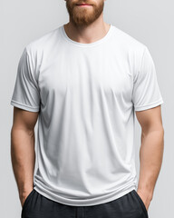 Obraz premium A man with a beard stands with hands in pockets, wearing a plain white t-shirt and dark pants, against a plain background.