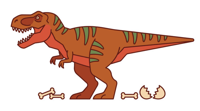 Cartoon tyrannosaurus dinosaur with bones and cracked eggshell