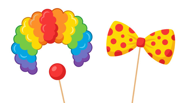 Colorful clown wig, bow tie, and red nose party props