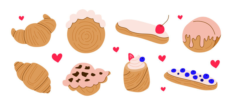 Set of cute hand drawn flat buttery croissants, eclairs and cruffin isolated on white background. Modern French stylized puff pastries. Great for bakery designs, posters, banners, etc.