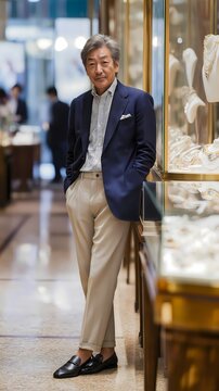 Confident businessman walking in luxury jewelry store with elegant display and modern decor