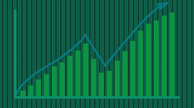 Teal and green bar chart and line graph on striped field. Analytical teal and green bar chart for corporate trade tracking. Professional teal and green bar chart.
