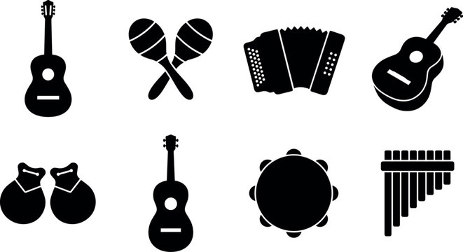 Traditional Latin and Mexican folk musical instruments solid black vector icon set in image_e15ae6.pngTraditional Latin and Mexican folk musical instruments solid black vector icon set in image_e15ae6