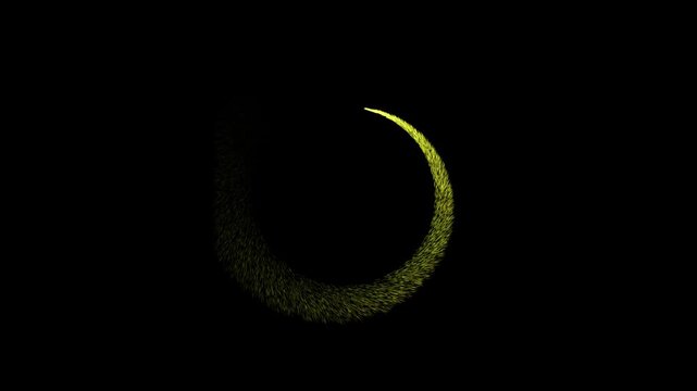 Yellow particle swirl forming a crescent shape on black. Abstract yellow particle swirl forming a crescent shape for magical power fields. Creative yellow particle swirl.