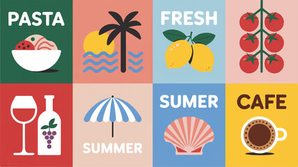 Fototapeta premium Italian Summer Vibes: A vibrant collage capturing the essence of an Italian summer with pasta, lemons, tomatoes, wine, and seaside motifs, perfect for travel or food themes.