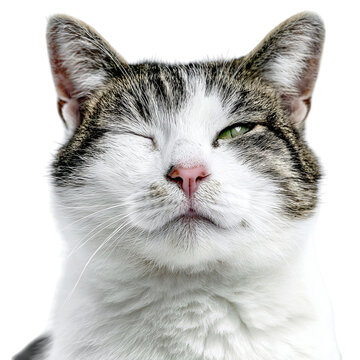 PNG of Close-up of a content tabby cat with green eyes, winking playfully