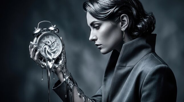 Woman holds melting clock with dissolving face in dark room with grey background and leather jacket