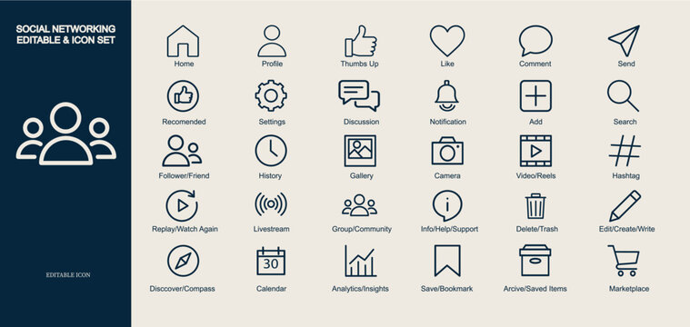30 Social Networking Interface Line Icons. Flat Icons for App UI: Messenger, Reels, Hashtag, Communities, and Analytics.