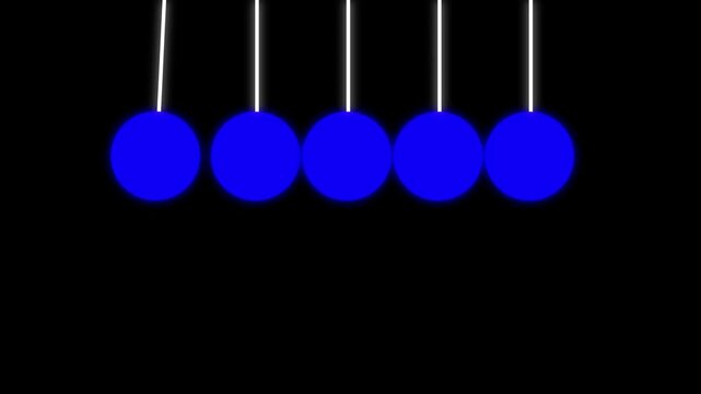 Five glowing blue spheres suspended by cords on black. Newton cradle five glowing blue spheres for physics kinetic energy tutorials. Modern five glowing blue spheres.