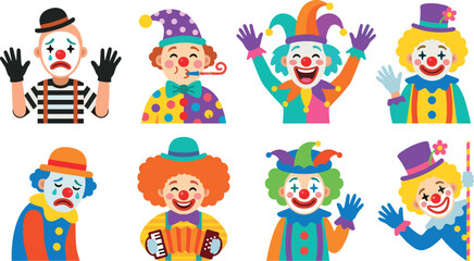 Fototapeta premium Cute Cartoon Circus Clown and Jester Character Vector Set with Happy, Sad, Mime, and Musician Personalities for Birthday Party Designs