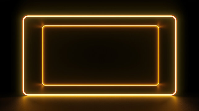 A radiant orange-yellow neon frame with softly rounded corners prominently showcases a thicker inner glow, casting a warm reflection onto a textured dark floor.