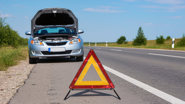 Broken Down Car on a Country Roadside with Warning Triangle