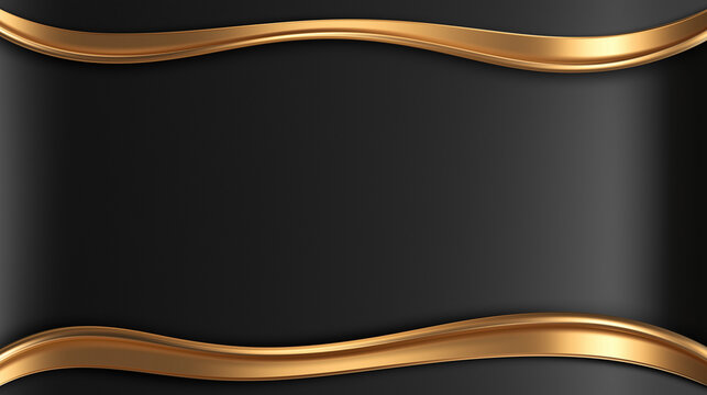 Elegant abstract composition featuring two graceful, flowing golden wavy lines that beautifully frame a central dark grey textured space on a sophisticated black background.