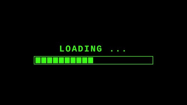 Digital loading bar progress indicator with green progress blocks on animation black background