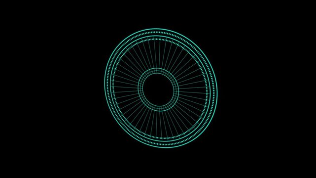 Wireframe circular element with radial lines on black. Technical wireframe circular element for engineering blueprint loops. Simple wireframe circular element pattern.